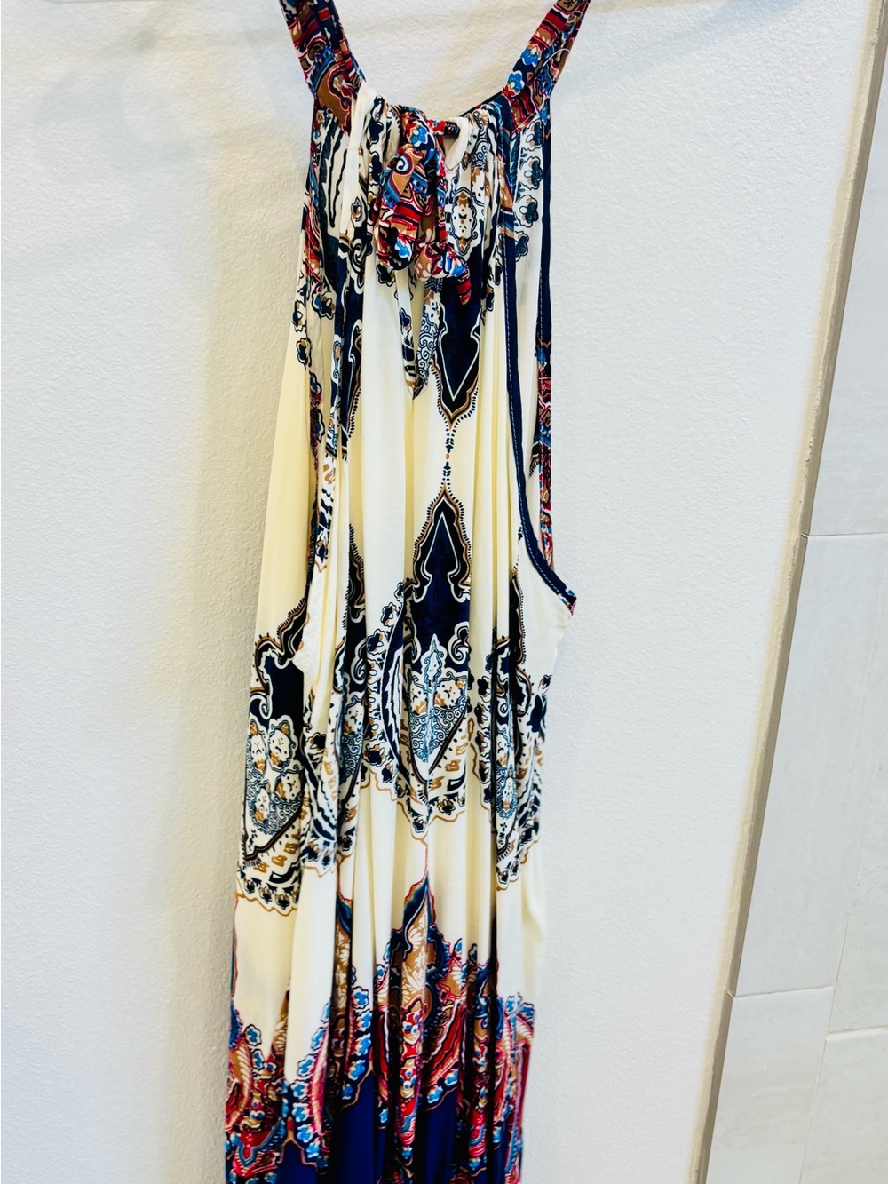 Boho Cream Printed Maxi Dress with Navy & Red Accents